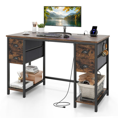 48 Inches Computer Desk with Power Outlet Home Office Desk with 4 Fabric Drawers-Brown
