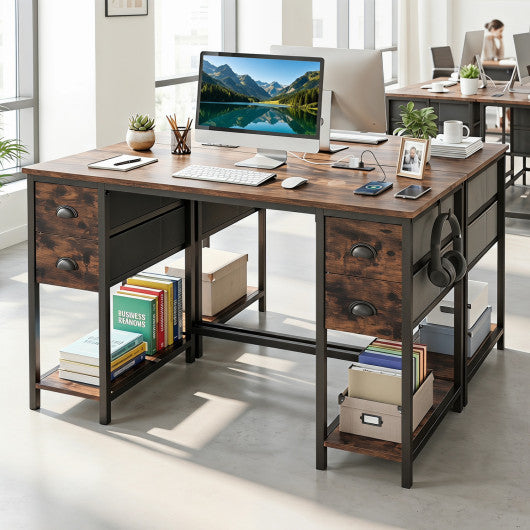 48 Inches Computer Desk with Power Outlet Home Office Desk with 4 Fabric Drawers-Brown
