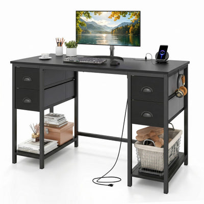 48 Inches Computer Desk with Power Outlet Home Office Desk with 4 Fabric Drawers-Black