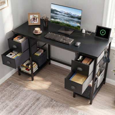 48 Inches Computer Desk with Power Outlet Home Office Desk with 4 Fabric Drawers-Black