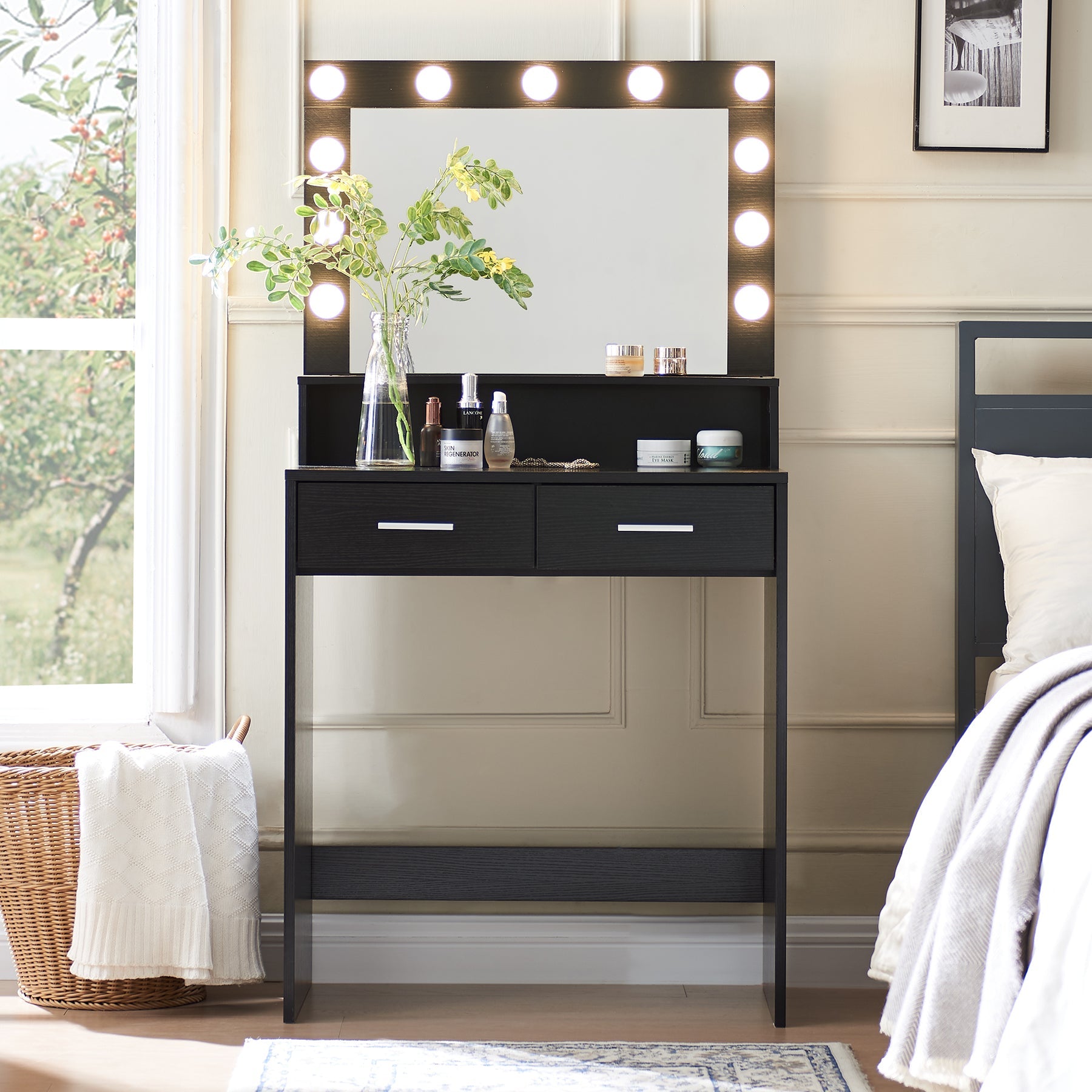 Vanity Desk with Mirror and Lights, Large Drawer and 2-Level Storage, Adjustable Brightness