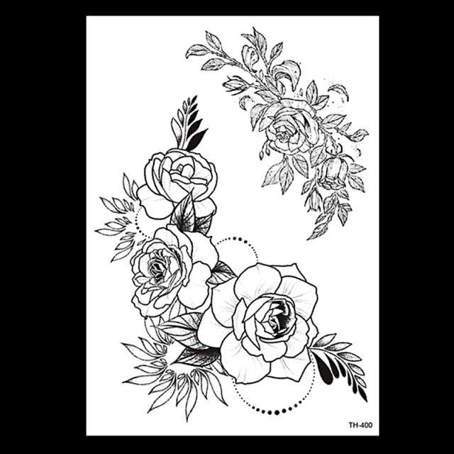 49 Sheets Waterproof Temporary Black Sketches Flowers Tattoo Stickers Flower Rose Tattoos For Women Adults