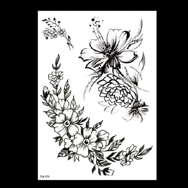 49 Sheets Waterproof Temporary Black Sketches Flowers Tattoo Stickers Flower Rose Tattoos For Women Adults