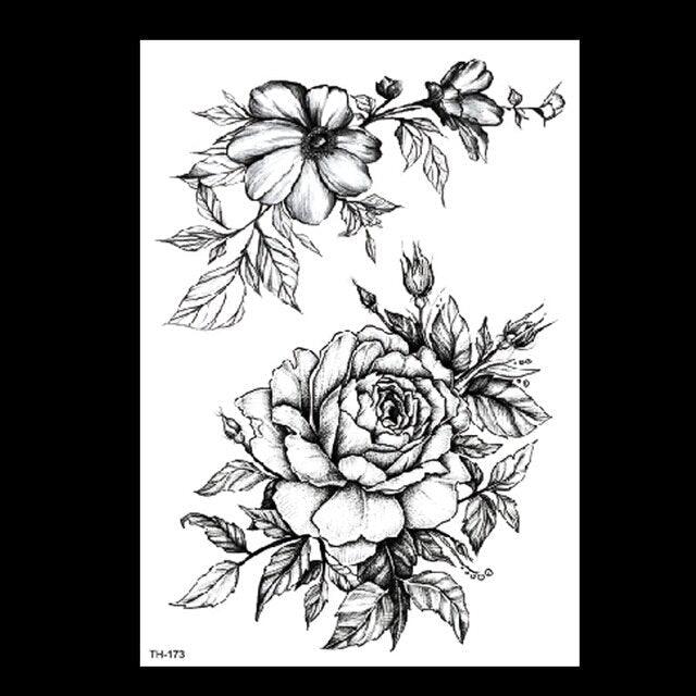 49 Sheets Waterproof Temporary Black Sketches Flowers Tattoo Stickers Flower Rose Tattoos For Women Adults