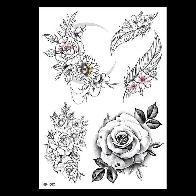 49 Sheets Waterproof Temporary Black Sketches Flowers Tattoo Stickers Flower Rose Tattoos For Women Adults