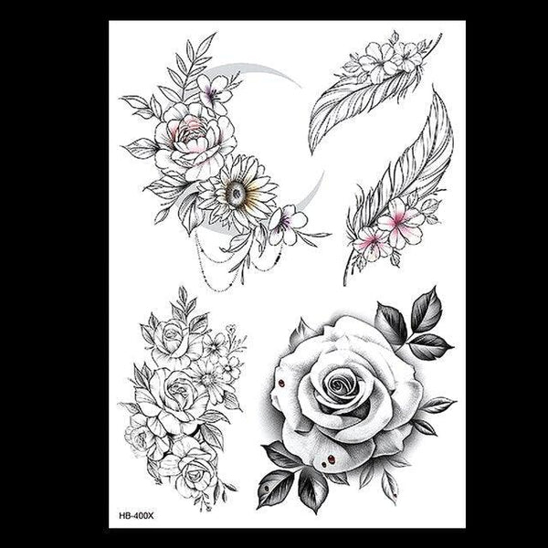 49 Sheets Waterproof Temporary Black Sketches Flowers Tattoo Stickers Flower Rose Tattoos For Women Adults