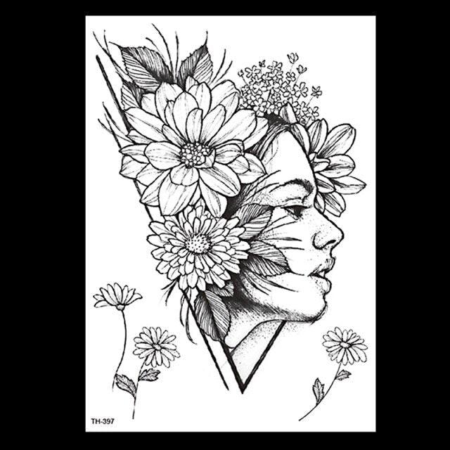49 Sheets Waterproof Temporary Black Sketches Flowers Tattoo Stickers Flower Rose Tattoos For Women Adults