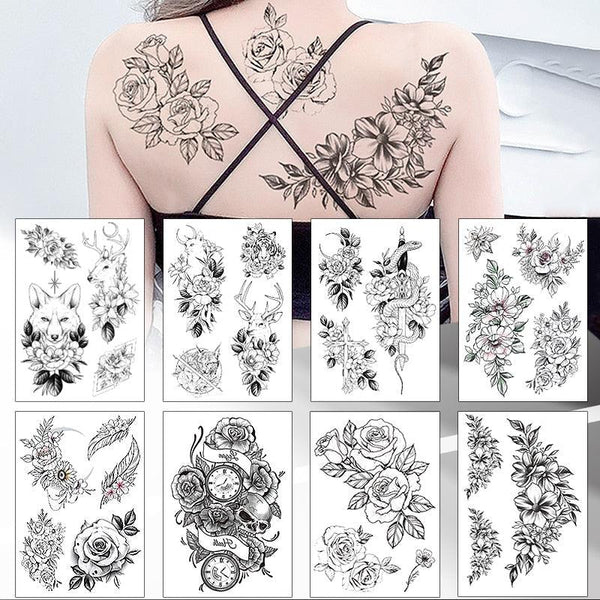 49 Sheets Waterproof Temporary Black Sketches Flowers Tattoo Stickers Flower Rose Tattoos For Women Adults