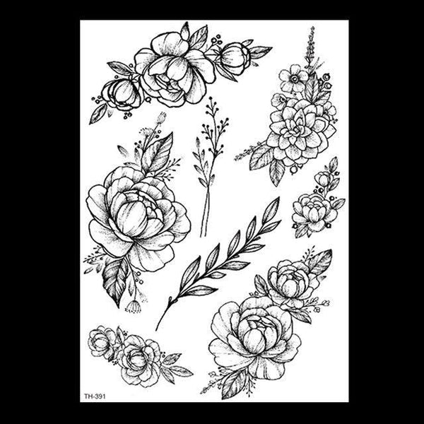 49 Sheets Waterproof Temporary Black Sketches Flowers Tattoo Stickers Flower Rose Tattoos For Women Adults
