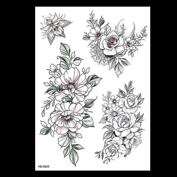 49 Sheets Waterproof Temporary Black Sketches Flowers Tattoo Stickers Flower Rose Tattoos For Women Adults