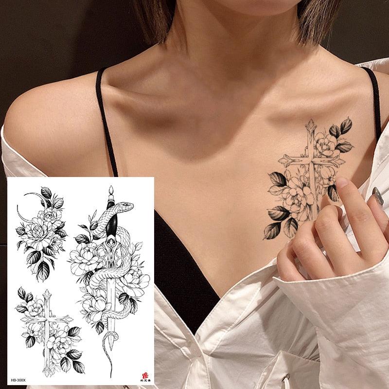 49 Sheets Waterproof Temporary Black Sketches Flowers Tattoo Stickers Flower Rose Tattoos For Women Adults