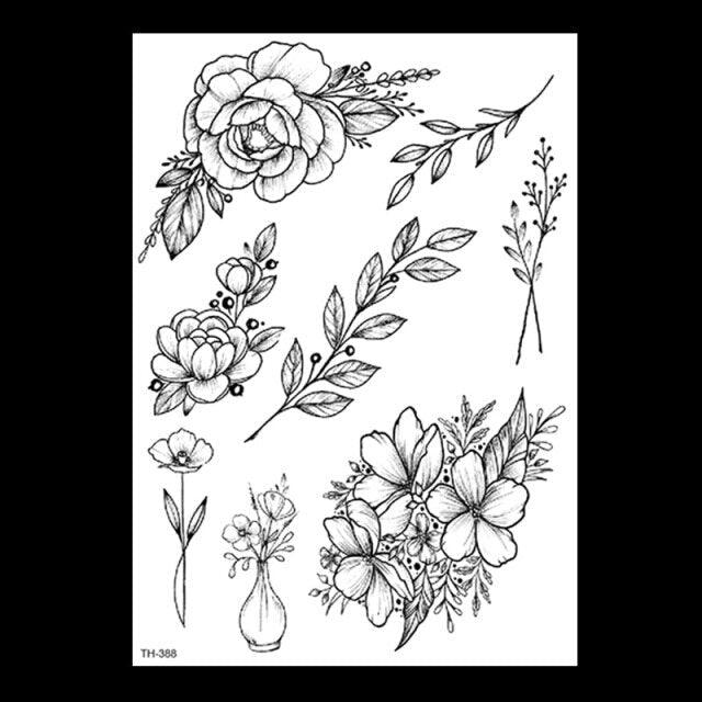 49 Sheets Waterproof Temporary Black Sketches Flowers Tattoo Stickers Flower Rose Tattoos For Women Adults