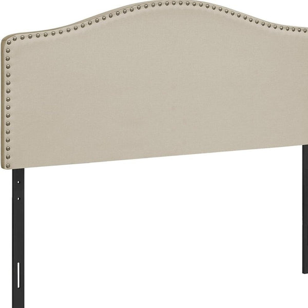 Beige Linen Blend Upholstered Arched Full Headboard With Nail Head Trim