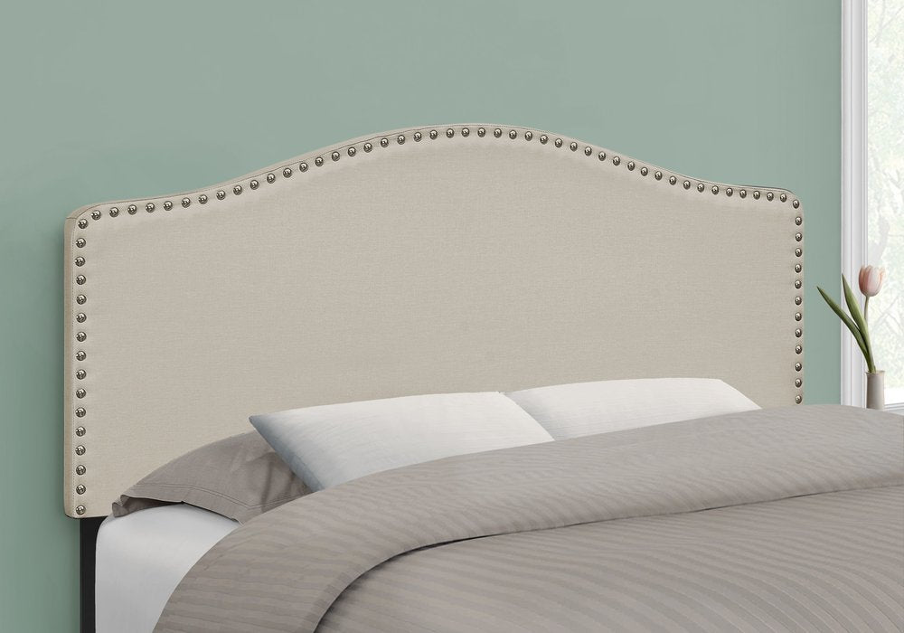 Beige Linen Blend Upholstered Arched Full Headboard With Nail Head Trim