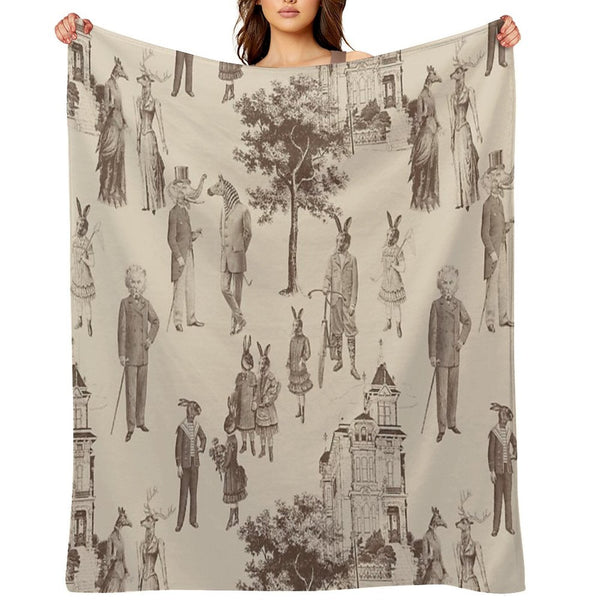 Antique Victorian Animals Brown Beige Toile Anti-pilling Throw Blanket