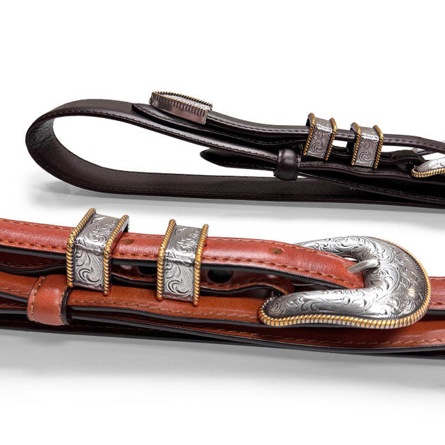 Western Ranger Antique Gold Engraved Buckle Genuine Cowhide Leather Belt