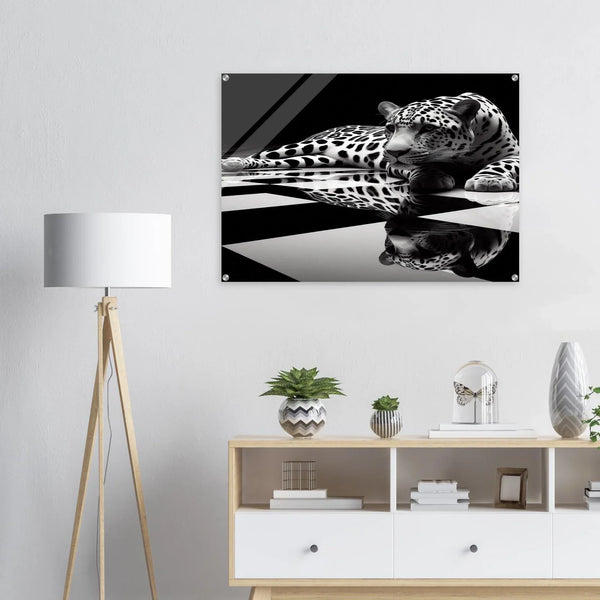 Leopard Acrylic Print on Black and White Checkered Floor – Glossy Finish Wall Art