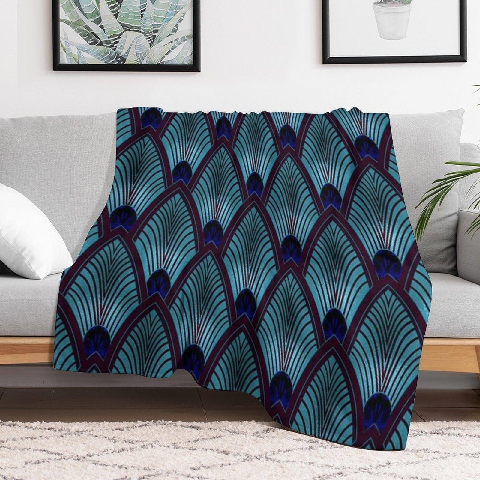 Art Deco Sunburst Fan in Metallic Blue Throw Blanket