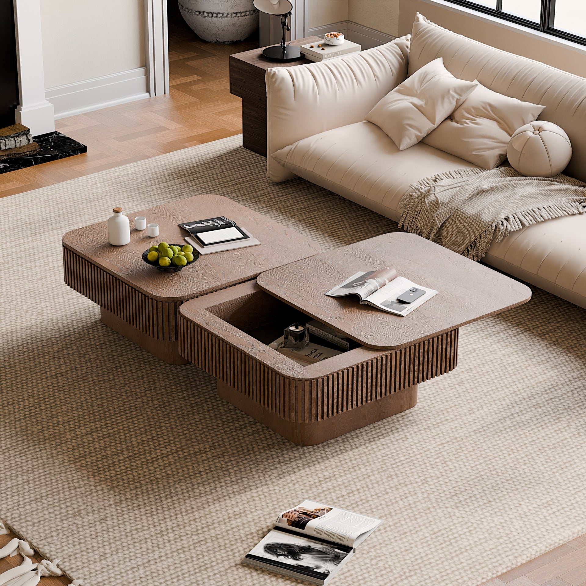 Walnut Square Modern Coffee Table with Hidden Storage