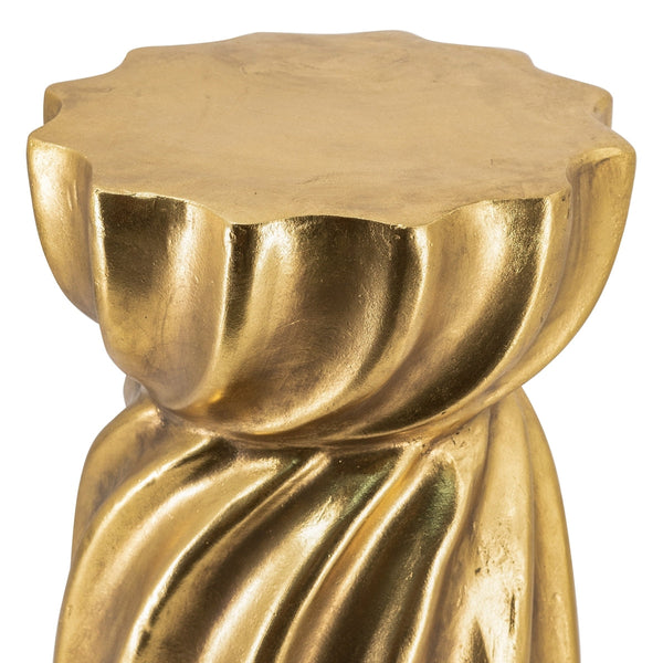 14x14x18.7' Gold Magnesium Accent Stool with Sculptural Swirl Design, Contemporary Side Table, Decorative Display Stand, or Extra Seating Option
