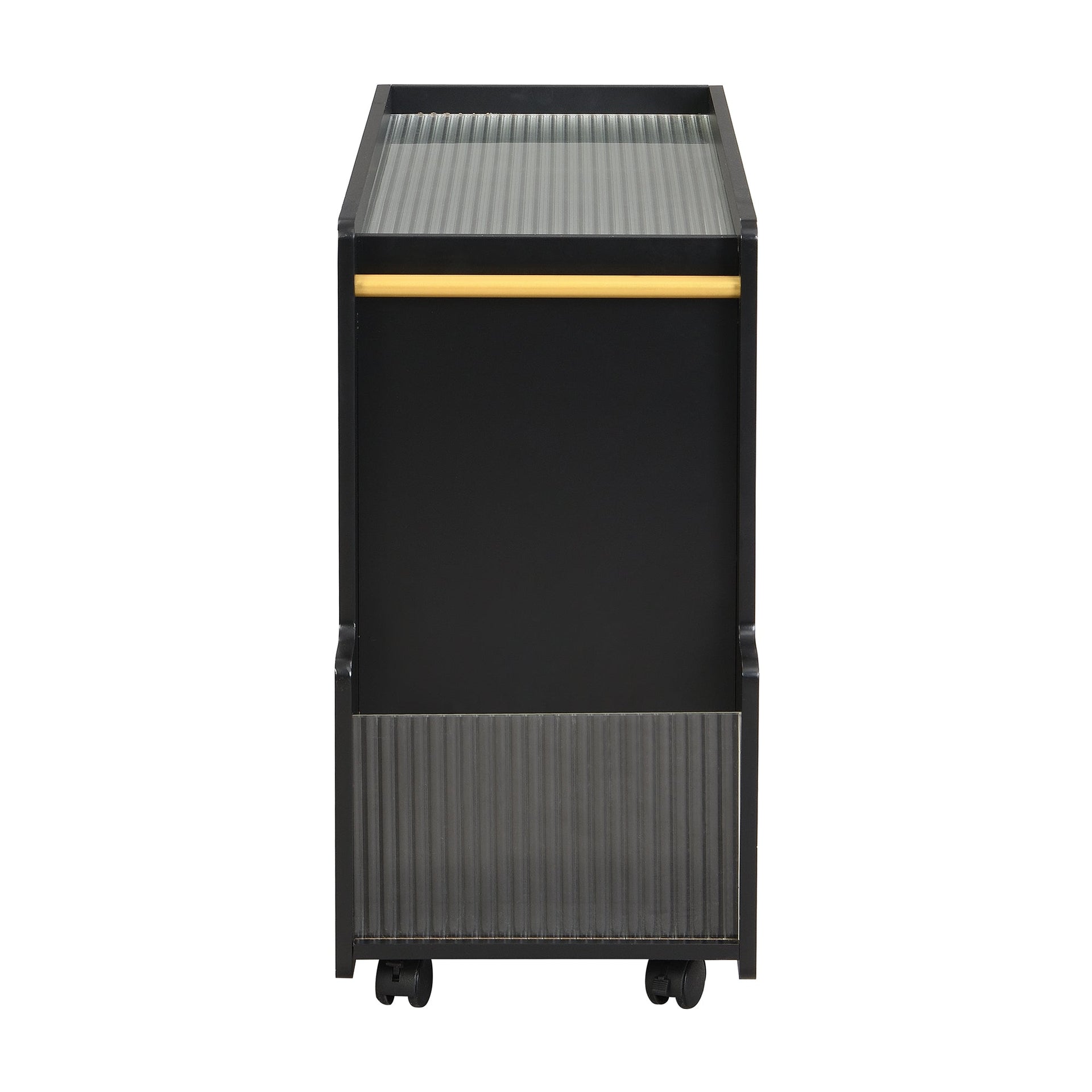 Stylish mobile desk with lockable wheels,bedside table with 5mm thick grooved tempered glass and gold round bars ，black