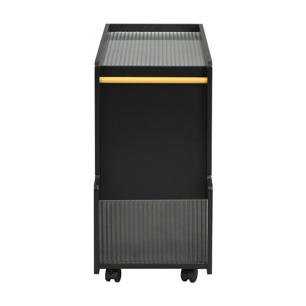 Stylish mobile desk with lockable wheels,bedside table with 5mm thick grooved tempered glass and gold round bars ，black