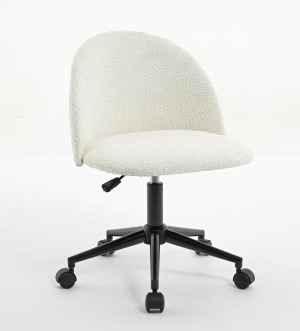 Velvet fabric office chair, mid back adjustable rotating computer chair, black legs, cushioned office chair with wheels ，White