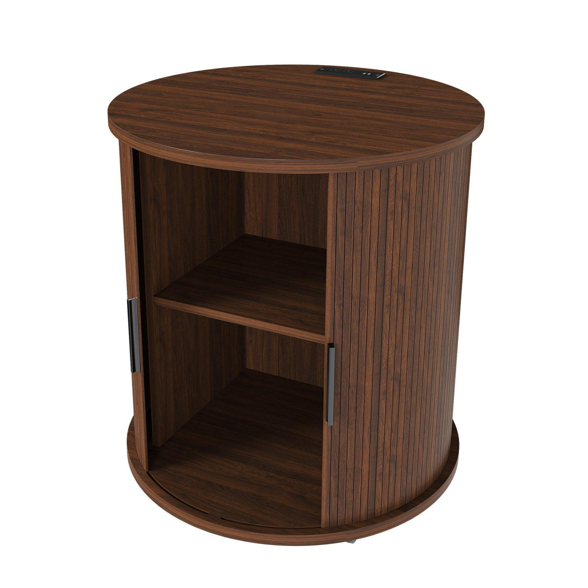 Walnut Mid-Century Modern Nightstand Set with Charging Station – Round Side Tables (Set of 2)