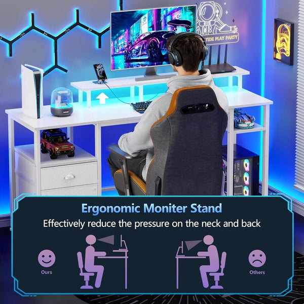 61 Inch Computer Desk With Integrated Power Outlet LED