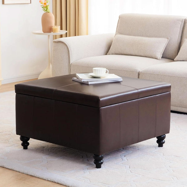 Square Leather Storage Ottoman 30-Inch Brown Durable