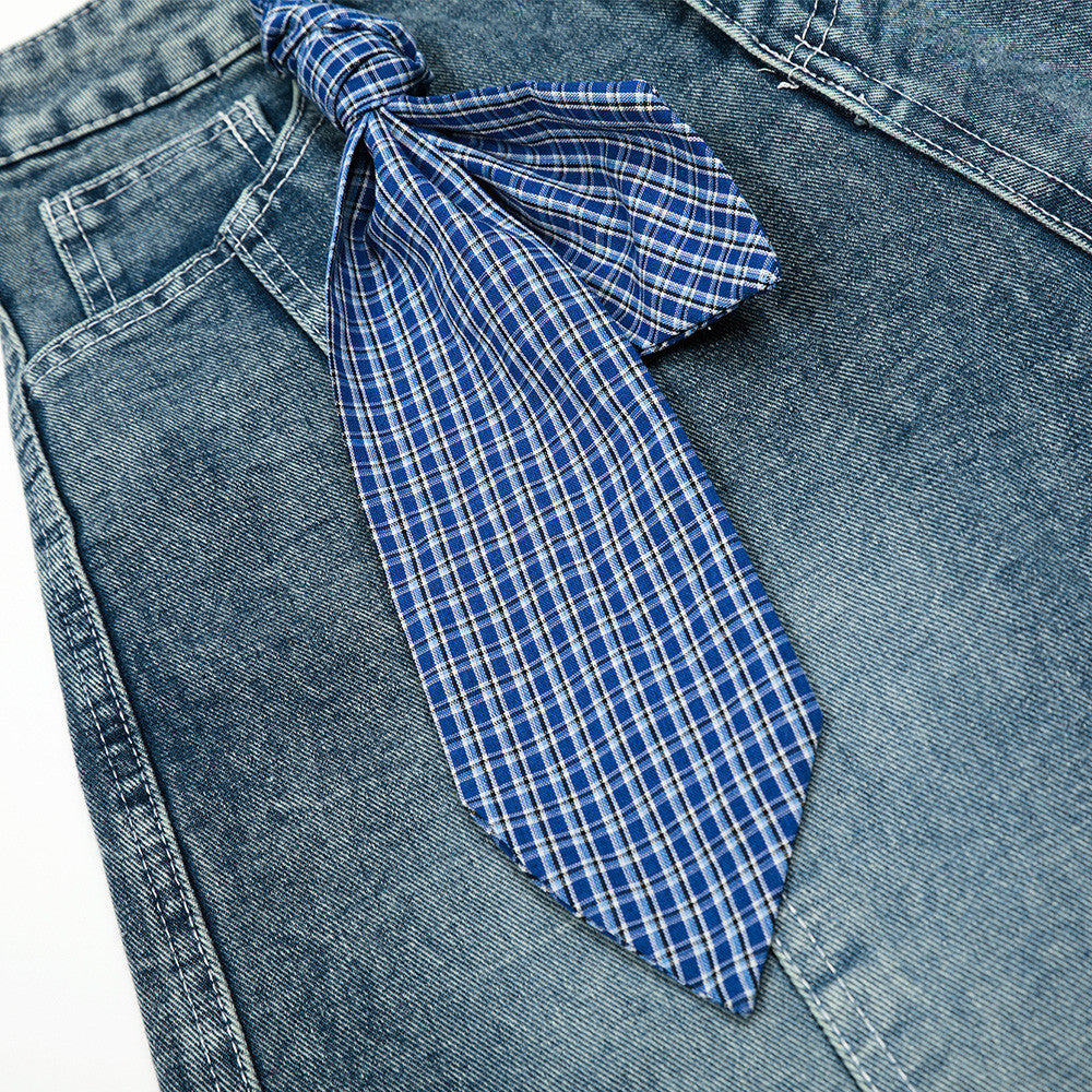 Punk Washed Distressed Denim Shorts Men's Summer Plaid Belted Contrast Pocket Loose Wide-Leg Three-Quarter Pants