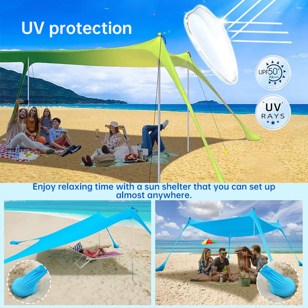 Family beach tent, large pop-up parasol, beach shelter, sun shade. Stable poles with portable carry bag. Outdoor shade.