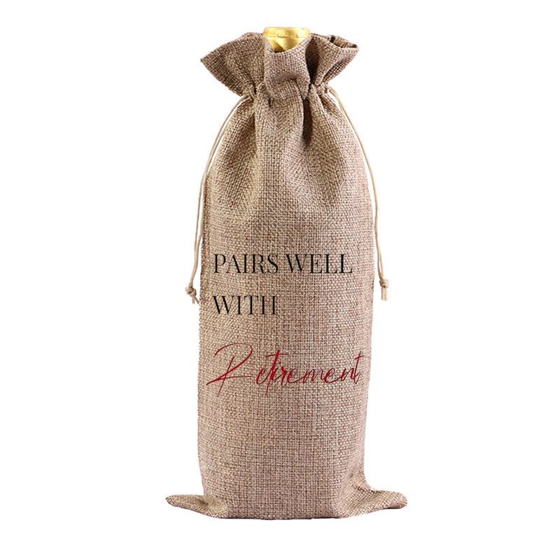 Red Wine Bag for Retirement Celebration: Party Wine Packaging Bag, Imitation Linen Drawstring Pouch, Gift Bag