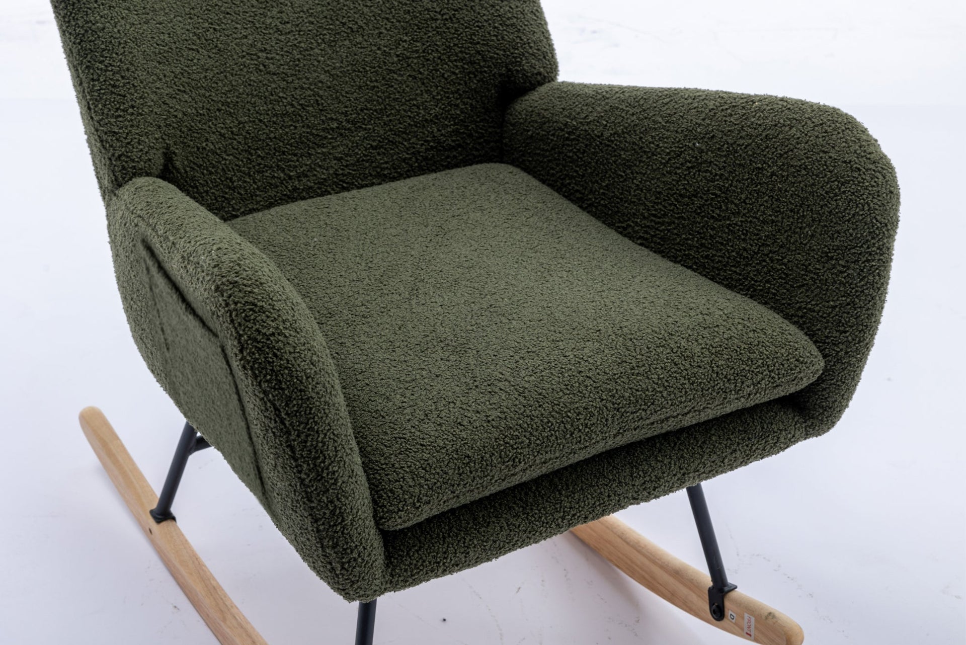 35.5-inch soft Teddy fabric rocking chair with pockets, comfortable wing straps, secure solid wood base (dark green)