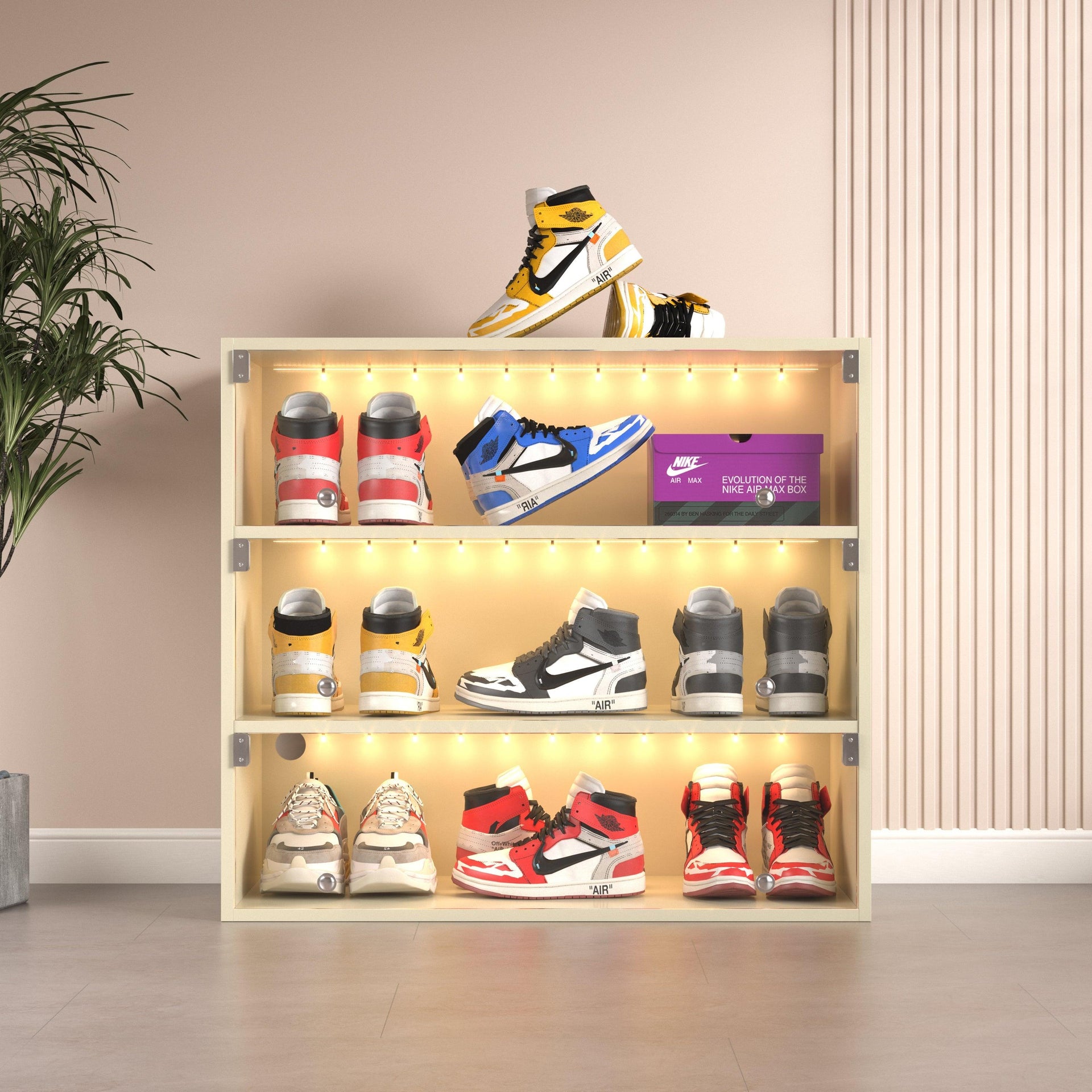 Off white LED light shoe box three layers with glass doors