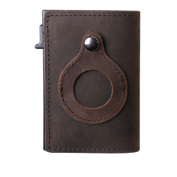 Leather Sliding Wallet Bi-Fold Credit Card Wallet Automatic Pop-Up Card Holder With Air Tag Protective Sleeve