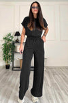 Round Neck Short Sleeve Top and Drawstring Pants Set for Women - Black / S