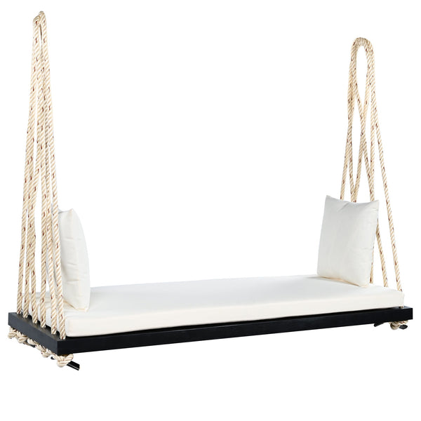 Patio Wooden Swing Chair Hanging Porch Swing Bench with Cushion & Pillows