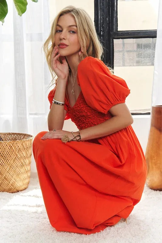 Popcorn Smocked Puff Sleeve Dress For Women – Textured, Elegant, Fluttering, Feminine, Stylish, Trendy For Special Occasions