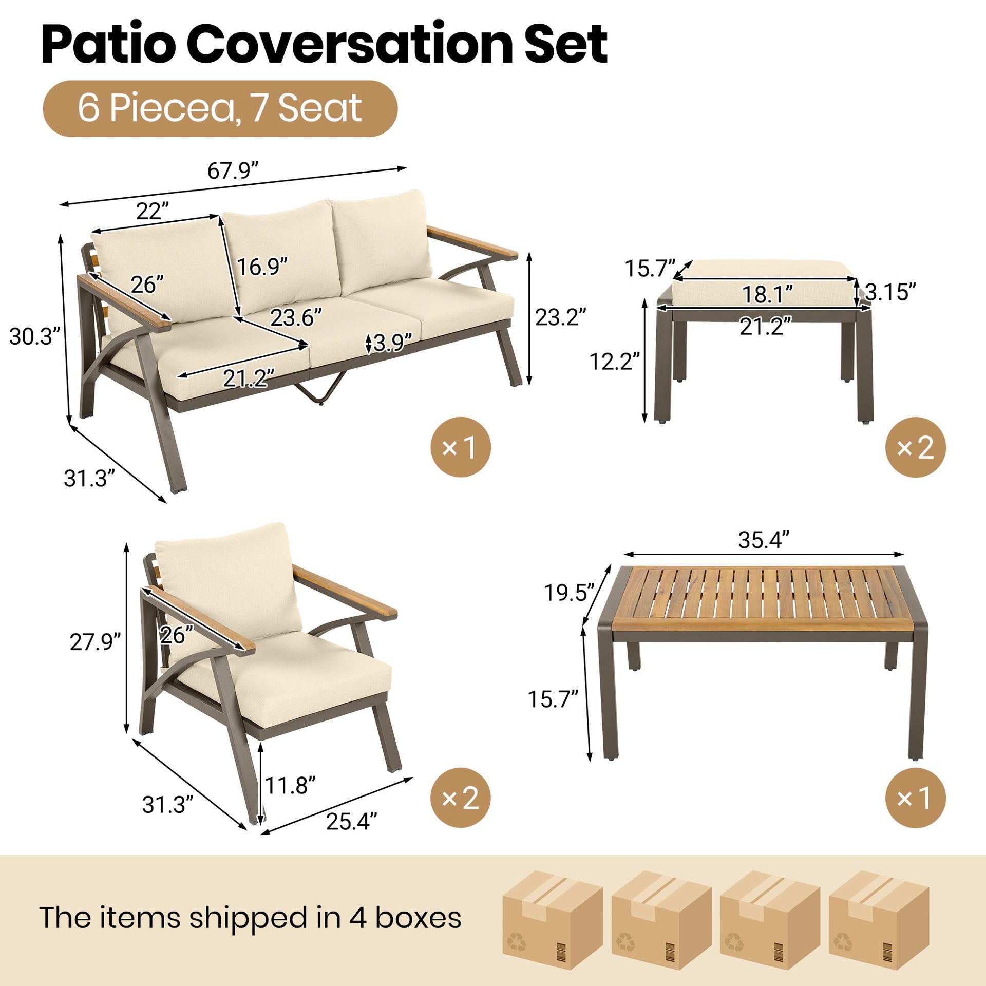 6-Piece Acacia Wood Outdoor Patio Conversation Set with Coffee Table