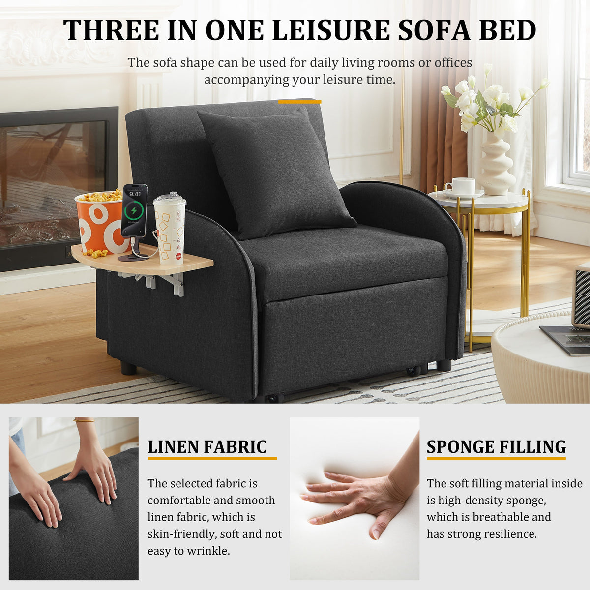 Sleeper Sofa Chair Bed - 3 In 1 Convertible Armchair