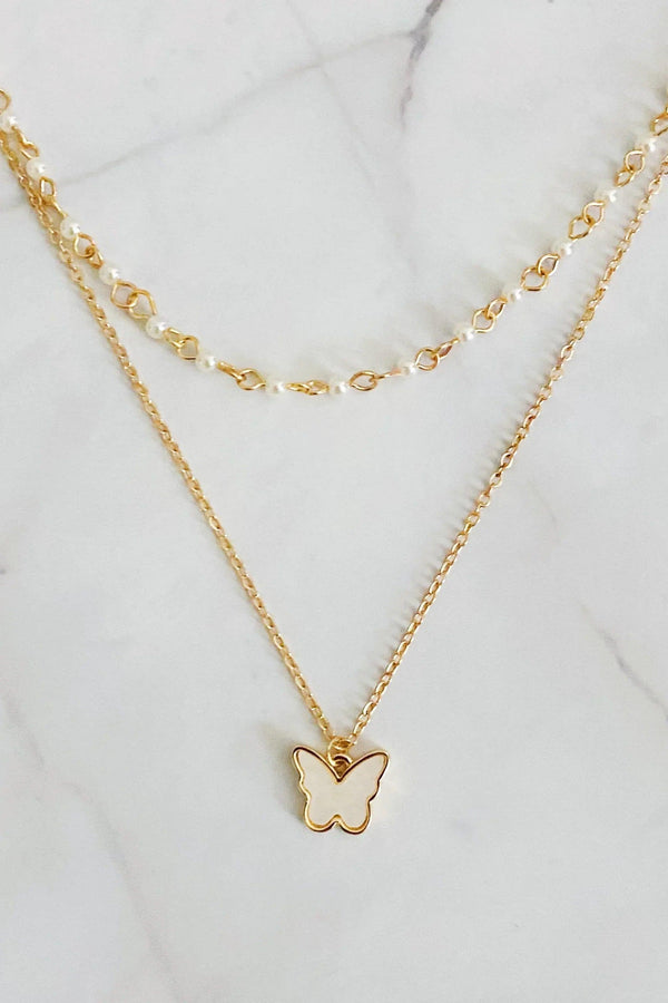 Layered Pearl Chain Butterfly Necklace - Gifts for You 'n Me