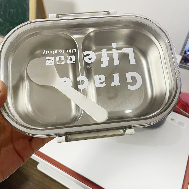 Korean style simple stainless steel two compartment lunch box with cutlery