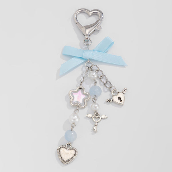 Little Fresh Love Bow Ribbon Keychain Sweet Wind Imitation Pearl Alloy Pendant
