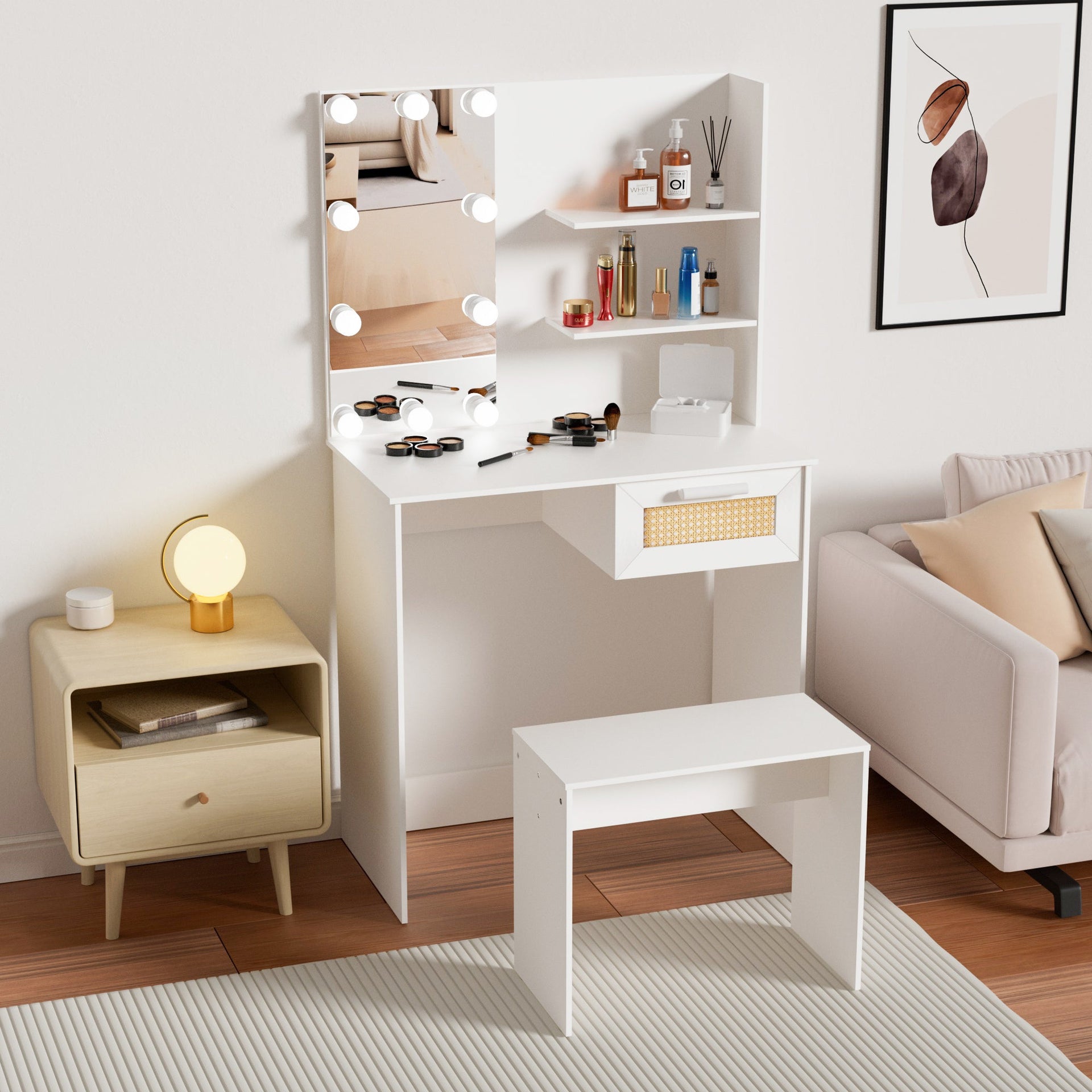 Vanity Desk Set Stool & Dressing Table with LED Lighting Mirror Drawer and Wood Cosmetic Table Chest of Drawers White Color