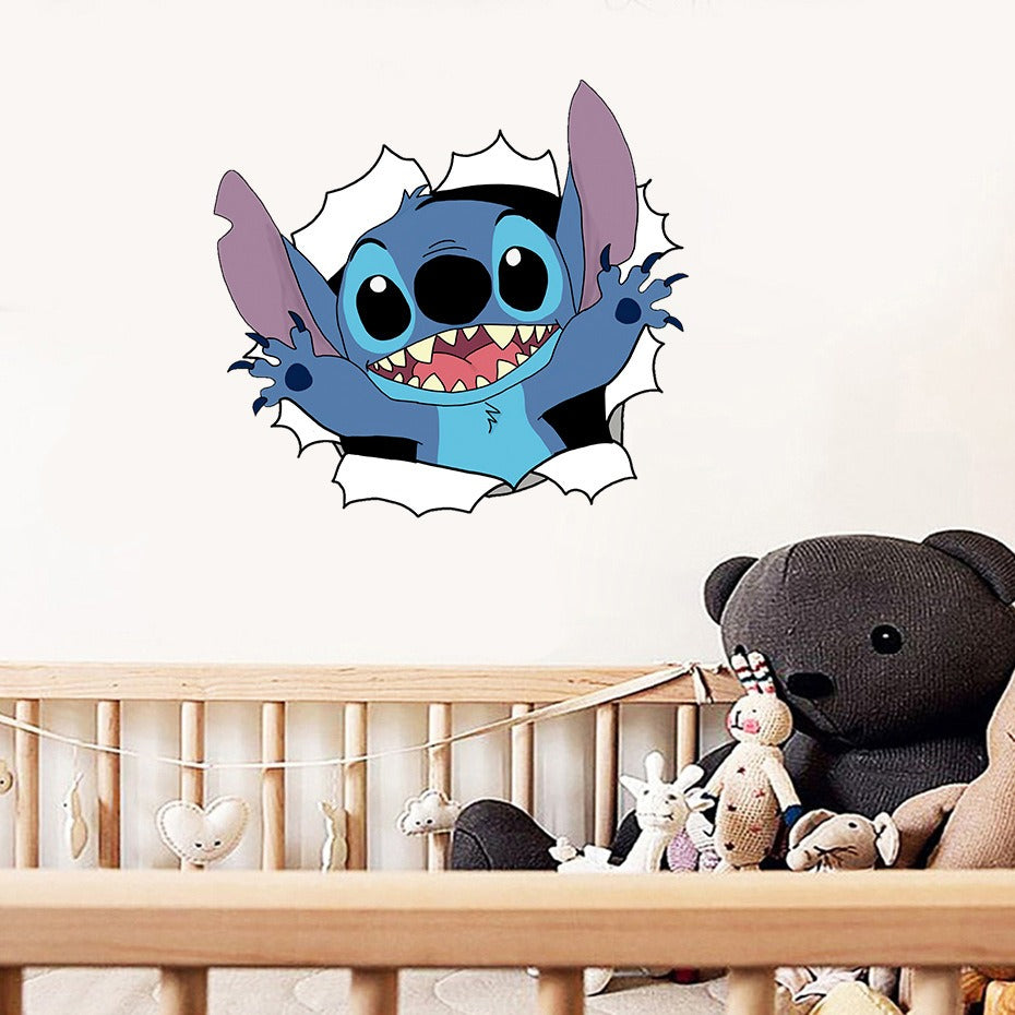 3D Broken Wall Stitch Wallpaper Children's Room Art Poster Decoration Self Adhesive Cartoon Anime Sticker Glass Door Sticker