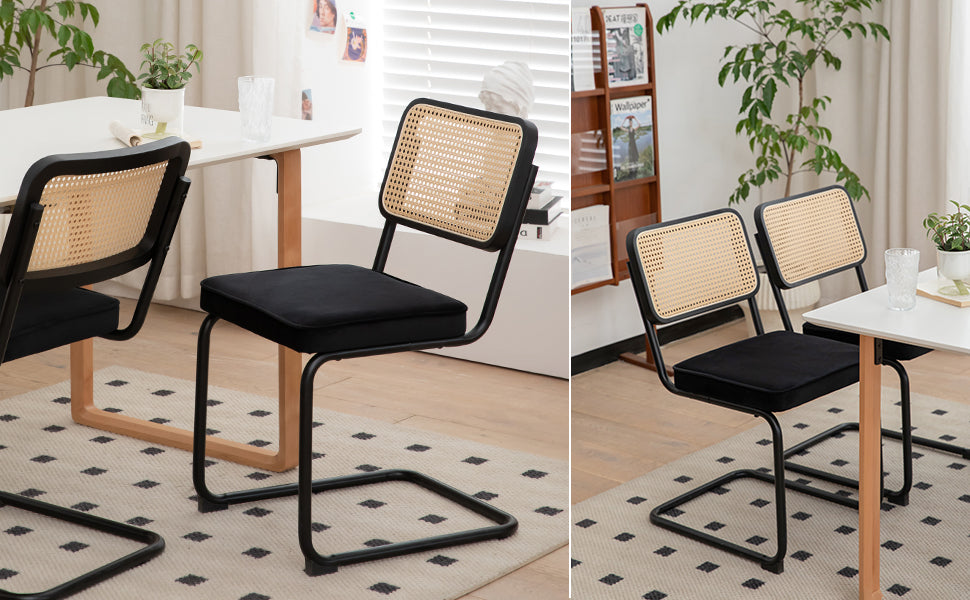 Dining Chairs Set of 2 velvet wicker side decorative chairs, black painted legs, modern medieval Bruell designed chairs,