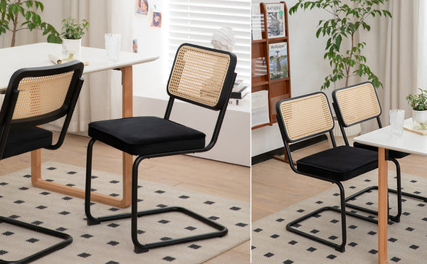 Dining Chairs Set of 2 velvet wicker side decorative chairs, black painted legs, modern medieval Bruell designed chairs,