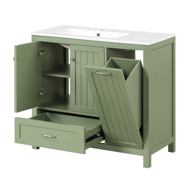 36 inch bathroom vanity with sink, one double door cabinet one large drawer and one flip drawer solid wood and MDF board, green