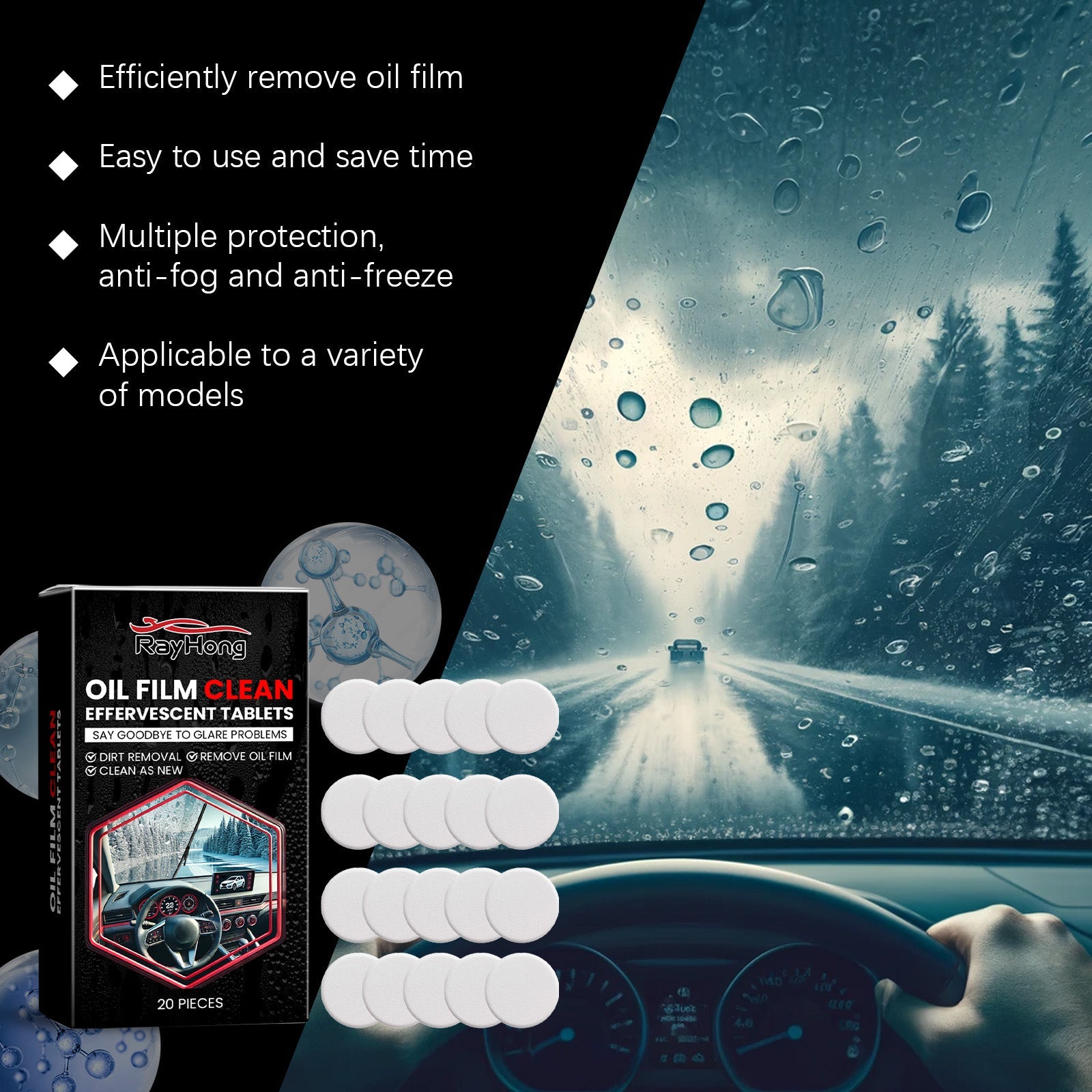 Glass Oil Film Cleaning Tablet, Front Inner Windshield Oil Film Removing Stain Brightening Cleaning Tablet